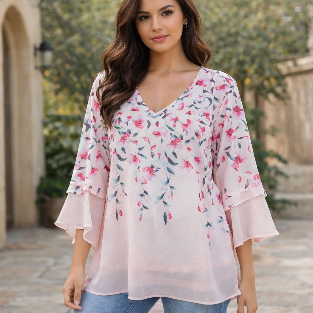 Pink Floral Blouse‎ XXL Sheer Bell Sleeve Romantic Cottagecore Fairycore Spring